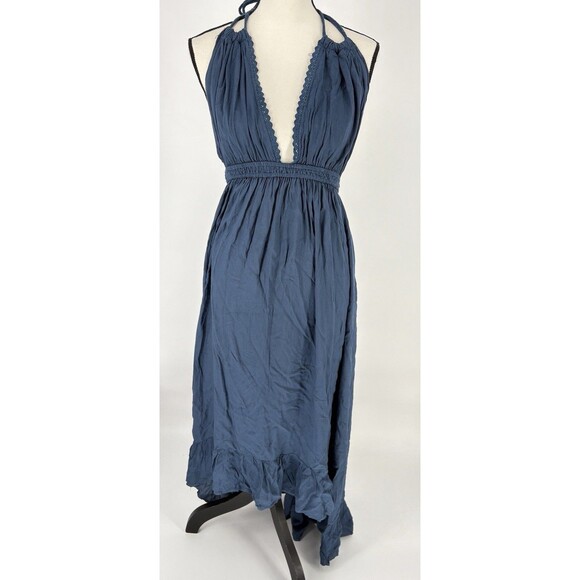 $58 Raviya Indigo Deep V Neck Bohemian High Low Maxi‎ Dress Size Medium - Picture 1 of 7